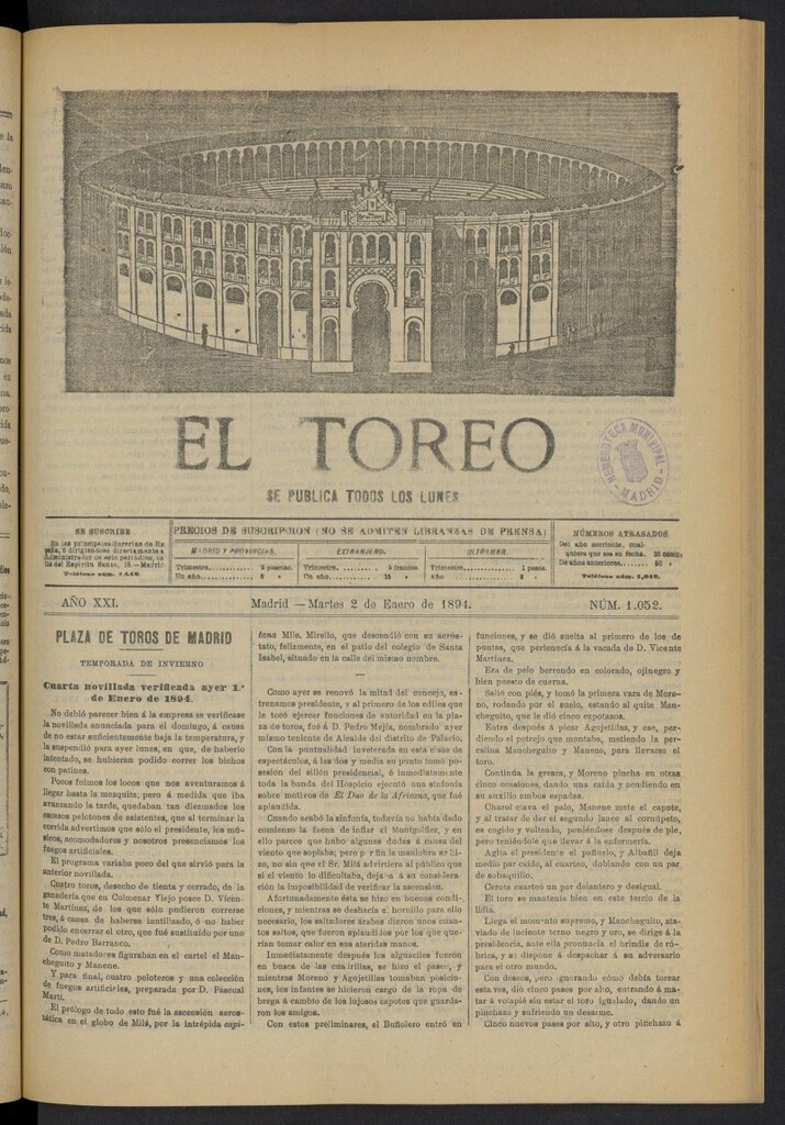 Miniatura de El Toreo: suplemento a "La Correspondencia Teatral" del 2 de enero de 1894, nº 1052