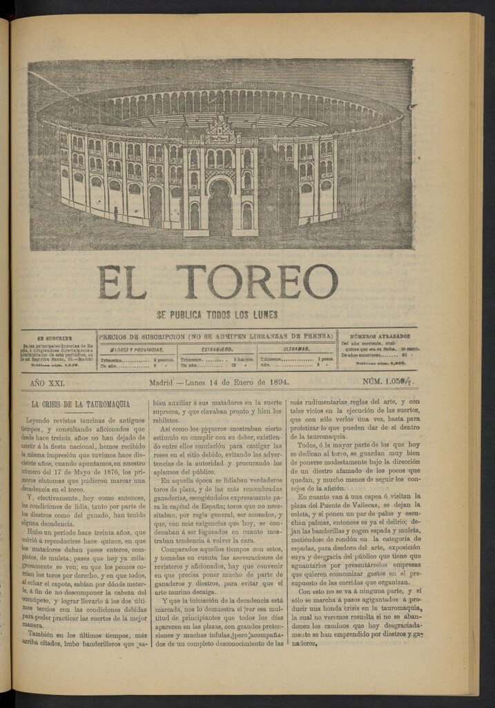Miniatura de El Toreo: suplemento a "La Correspondencia Teatral" del 14 [sic] de enero de 1894, nº 1054
