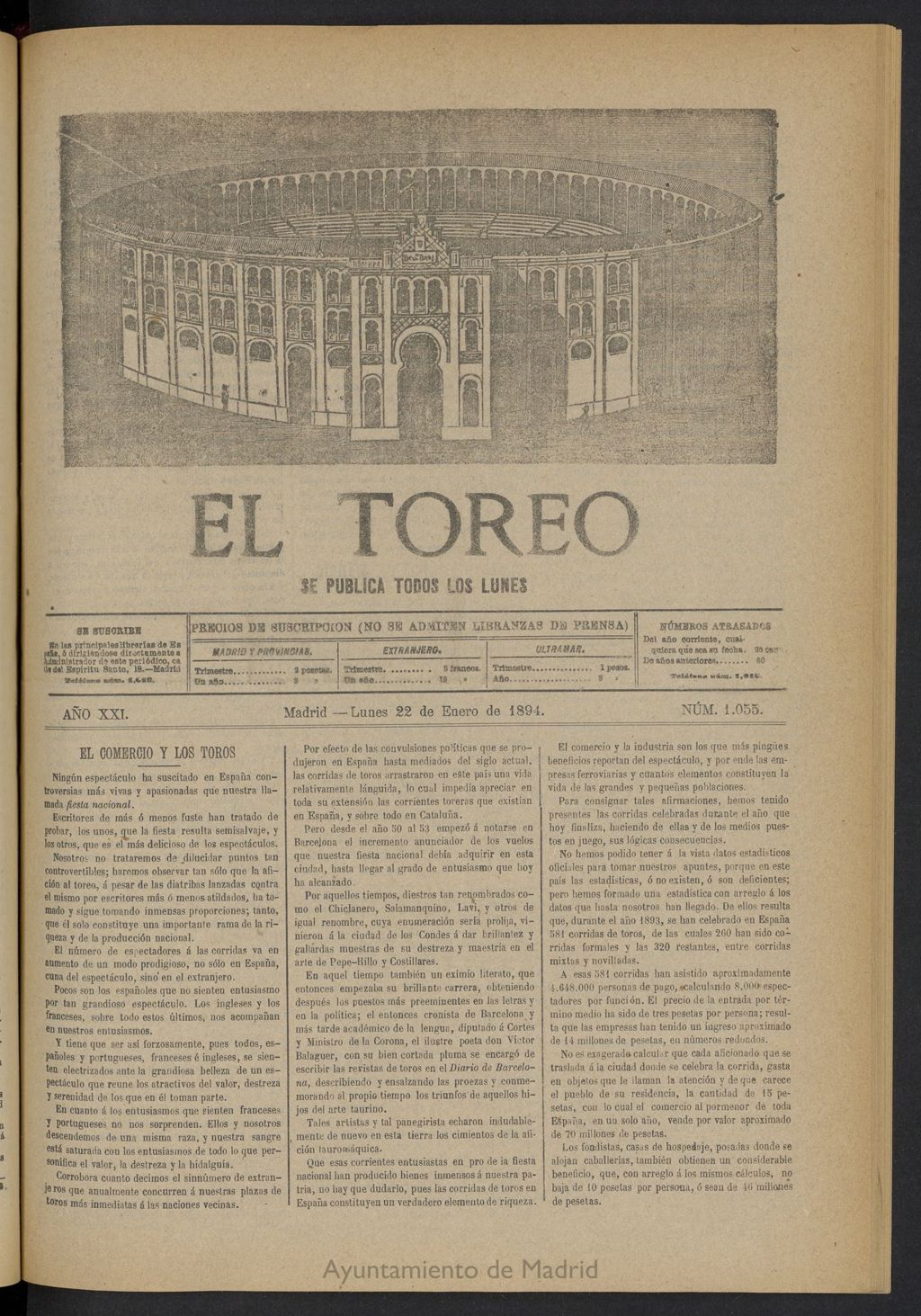 Miniatura de El Toreo: suplemento a "La Correspondencia Teatral" del 22 de enero de 1894, nº 1055