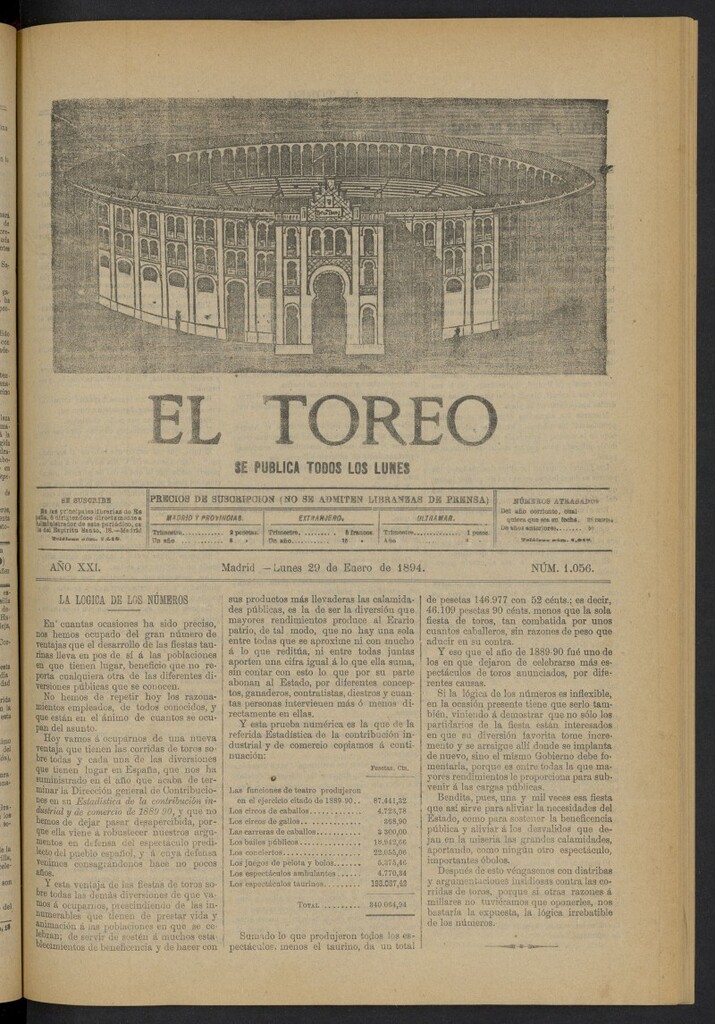 Miniatura de El Toreo: suplemento a "La Correspondencia Teatral" del 29 de enero de 1894, nº 1056