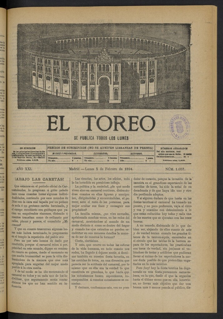 Miniatura de El Toreo: suplemento a "La Correspondencia Teatral" del 5 de febrero de 1894, nº 1057