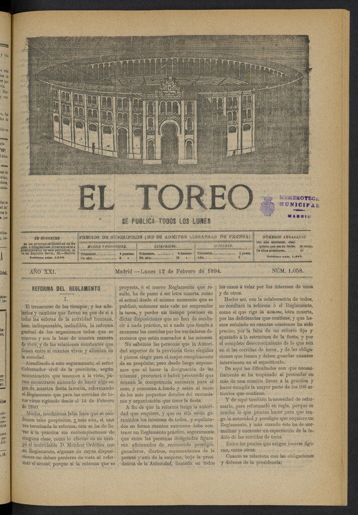 Miniatura de El Toreo: suplemento a "La Correspondencia Teatral" del 12 de febrero de 1894, nº 1058