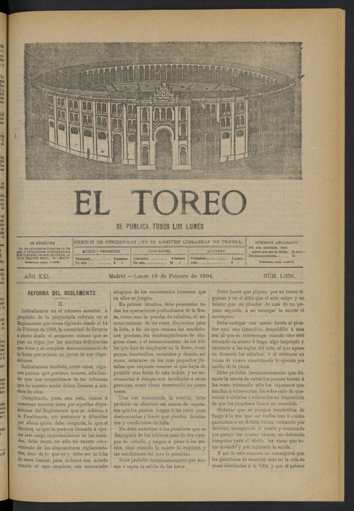 Miniatura de El Toreo: suplemento a "La Correspondencia Teatral" del 19 de febrero de 1894, nº 1059