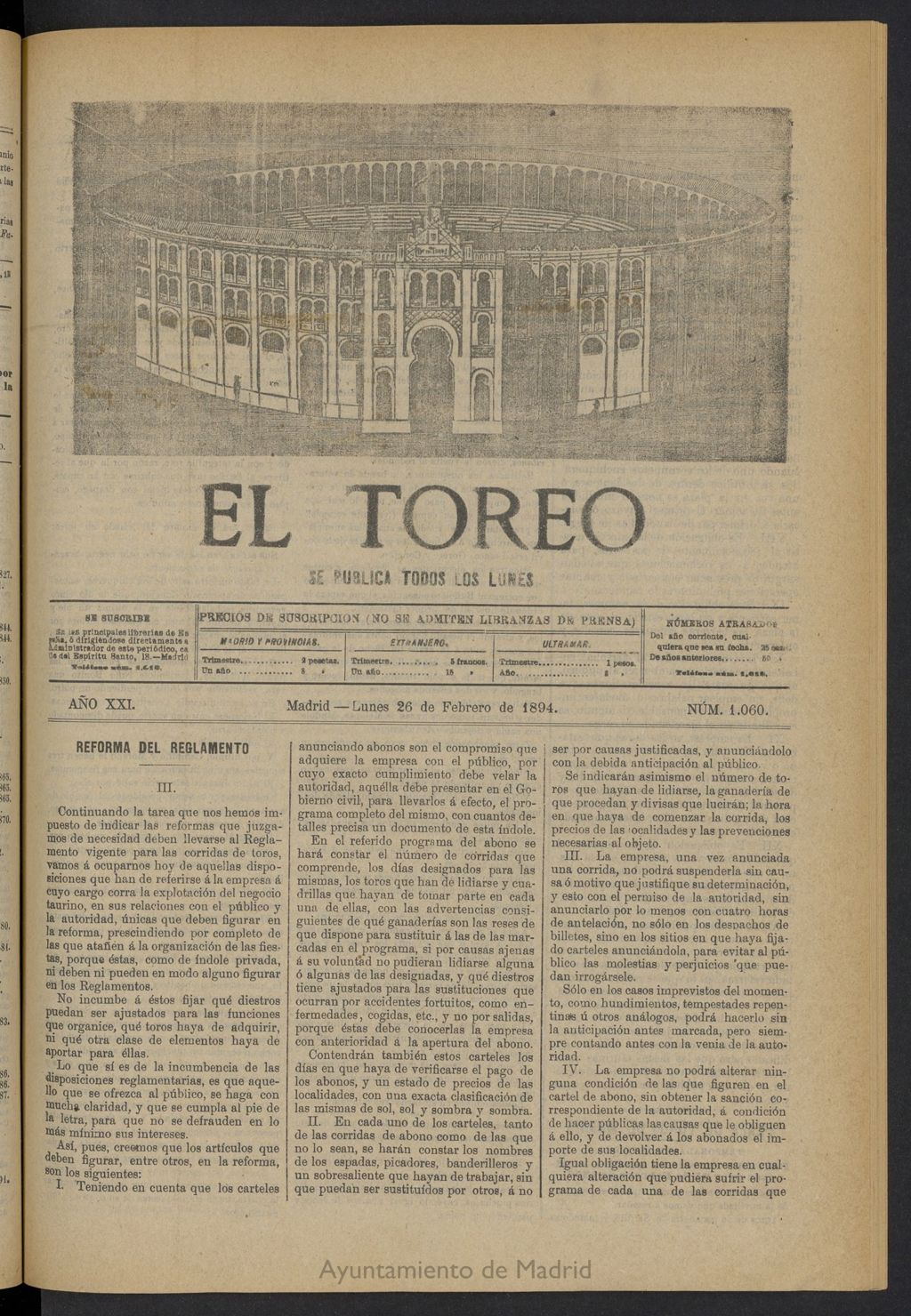 Miniatura de El Toreo: suplemento a "La Correspondencia Teatral" del 26 de febrero de 1894, nº 1060