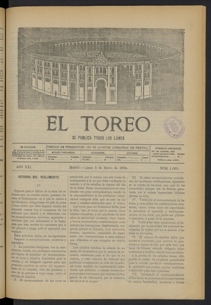 Miniatura de El Toreo: suplemento a "La Correspondencia Teatral" del 5 de marzo de 1894, nº 1061