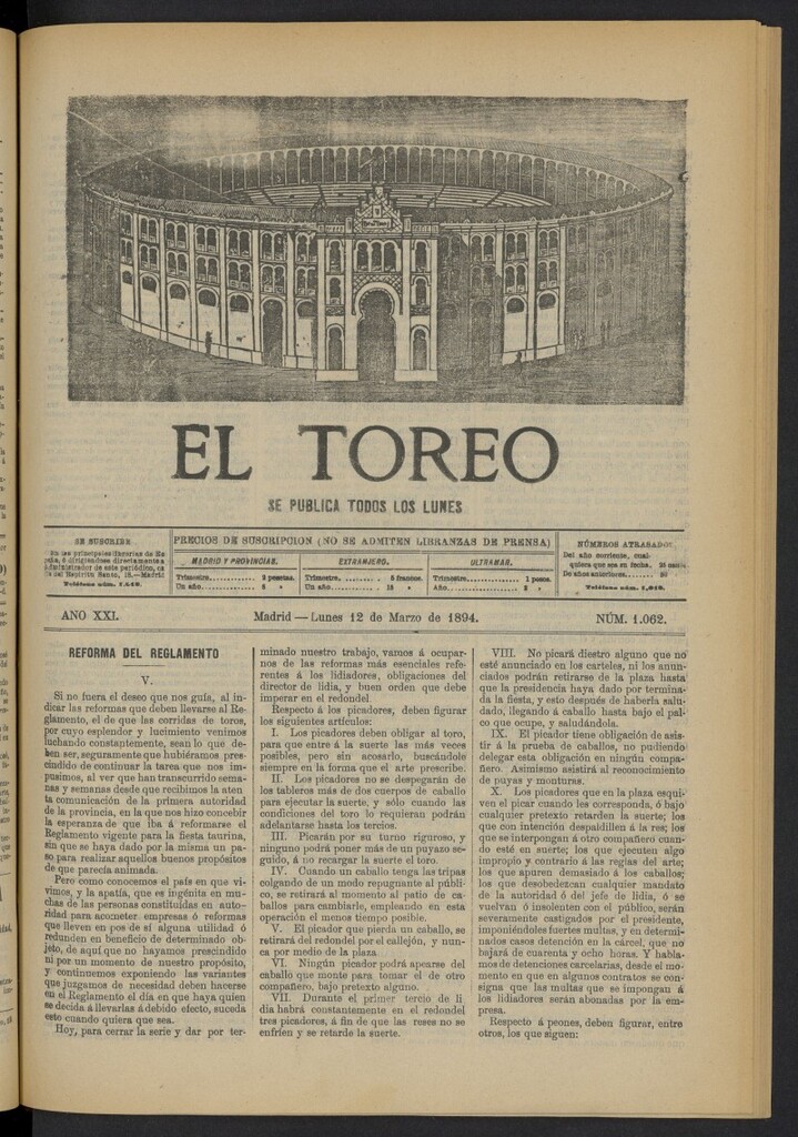 Miniatura de El Toreo: suplemento a "La Correspondencia Teatral" del 12 de marzo de 1894, nº 1062