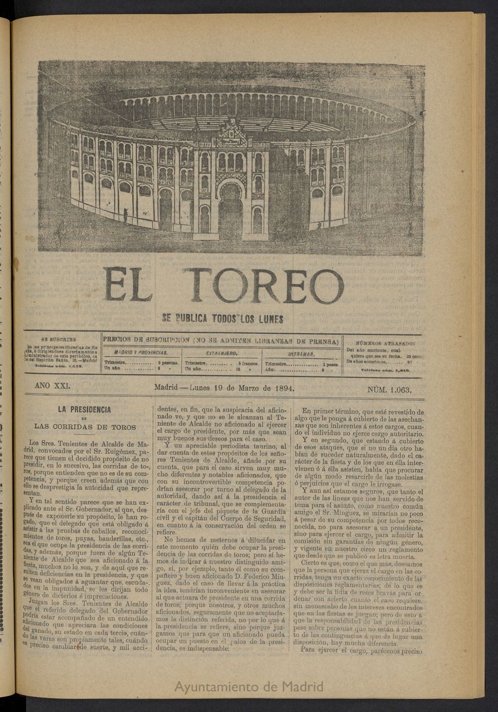 Miniatura de El Toreo: suplemento a "La Correspondencia Teatral" del 19 de marzo de 1894, nº 1063