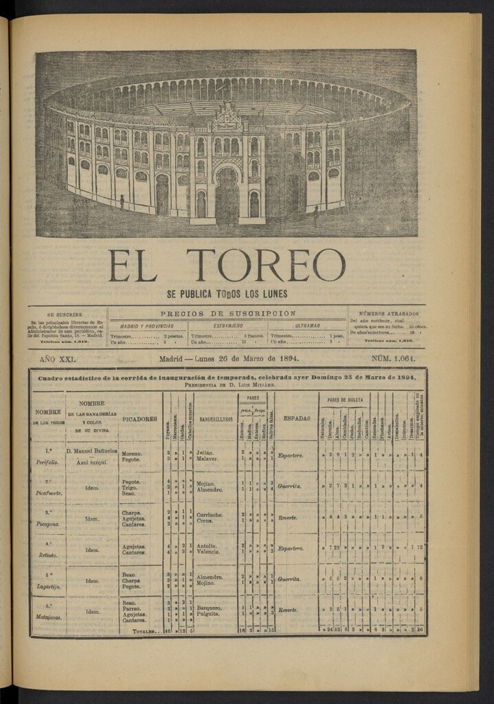 Miniatura de El Toreo: suplemento a "La Correspondencia Teatral" del 26 de marzo de 1894, nº 1061 [sic]
