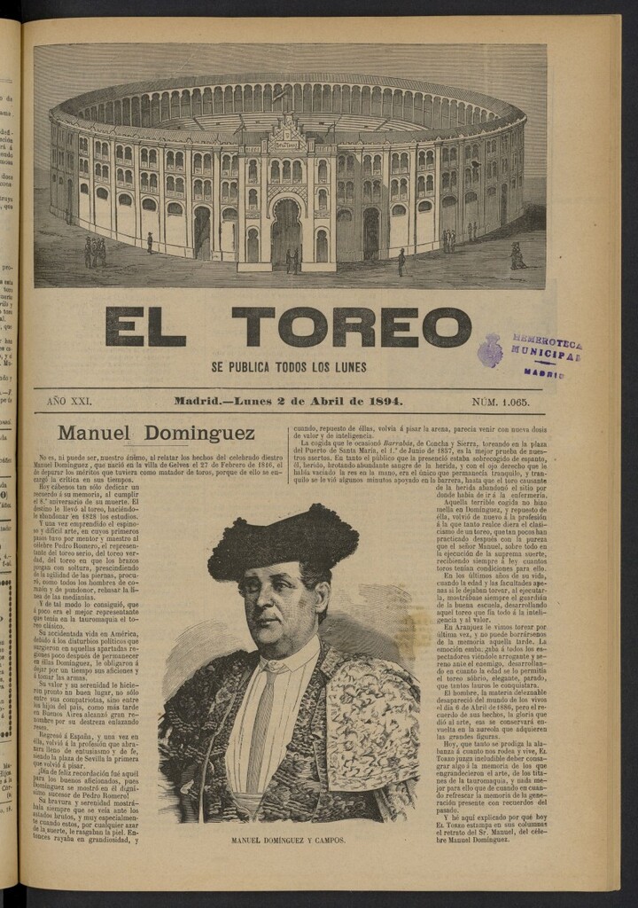 Miniatura de El Toreo: suplemento a "La Correspondencia Teatral" del 2 de abril de 1894, nº 1065