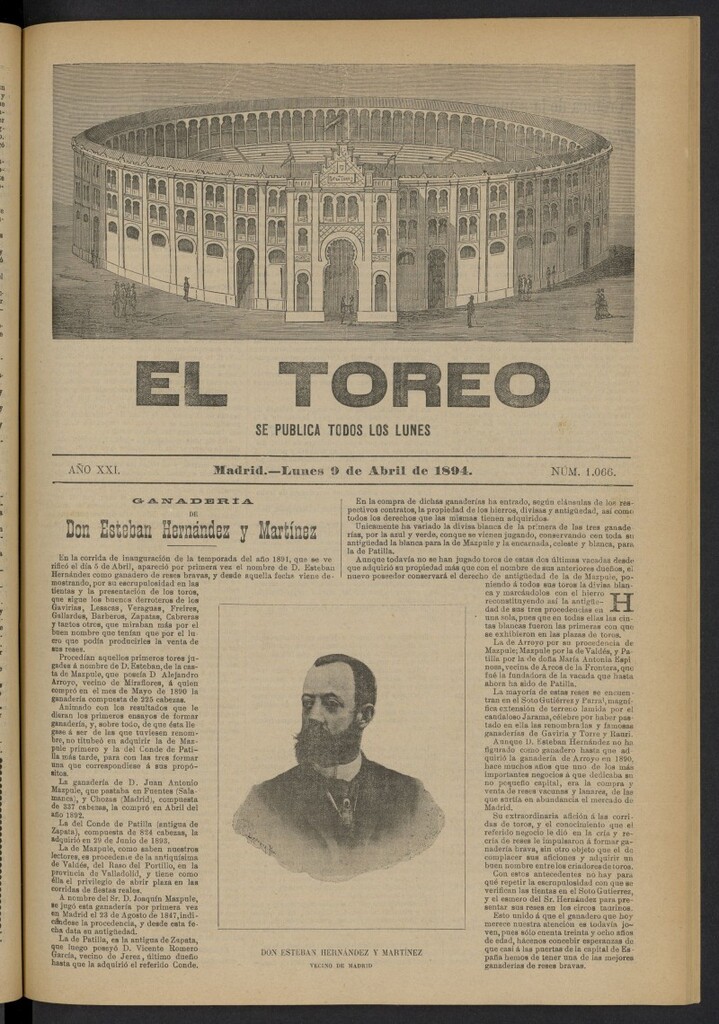 Miniatura de El Toreo: suplemento a "La Correspondencia Teatral" del 9 de abril de 1894, nº 1066