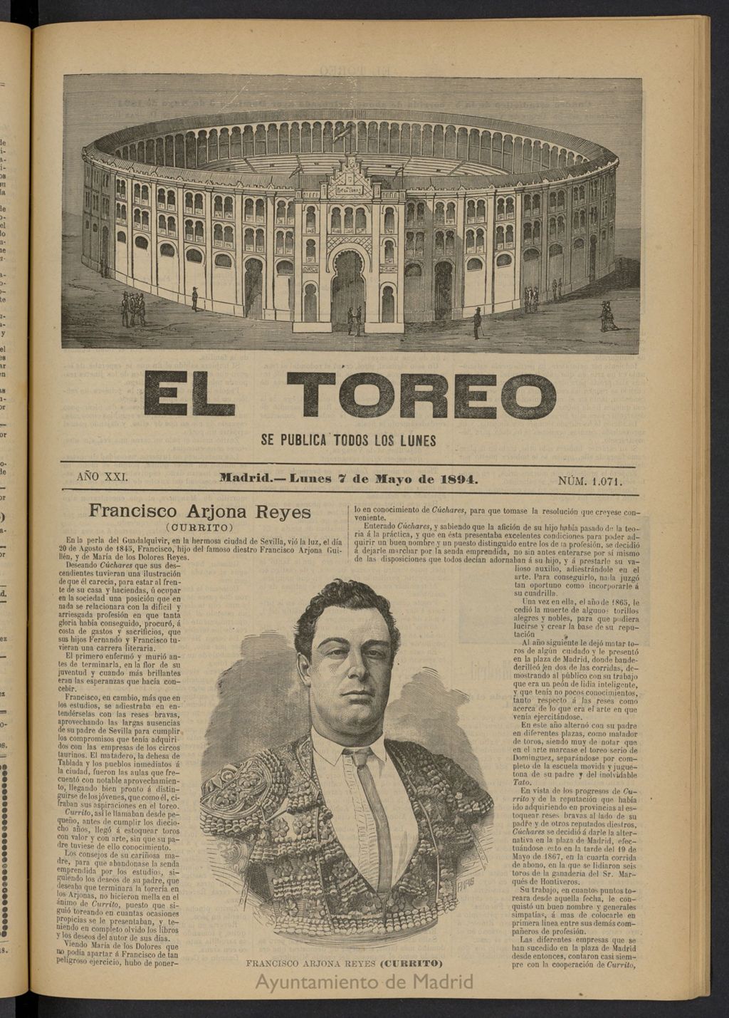 Miniatura de El Toreo: suplemento a "La Correspondencia Teatral" del 7 de mayo de 1894, nº 1071