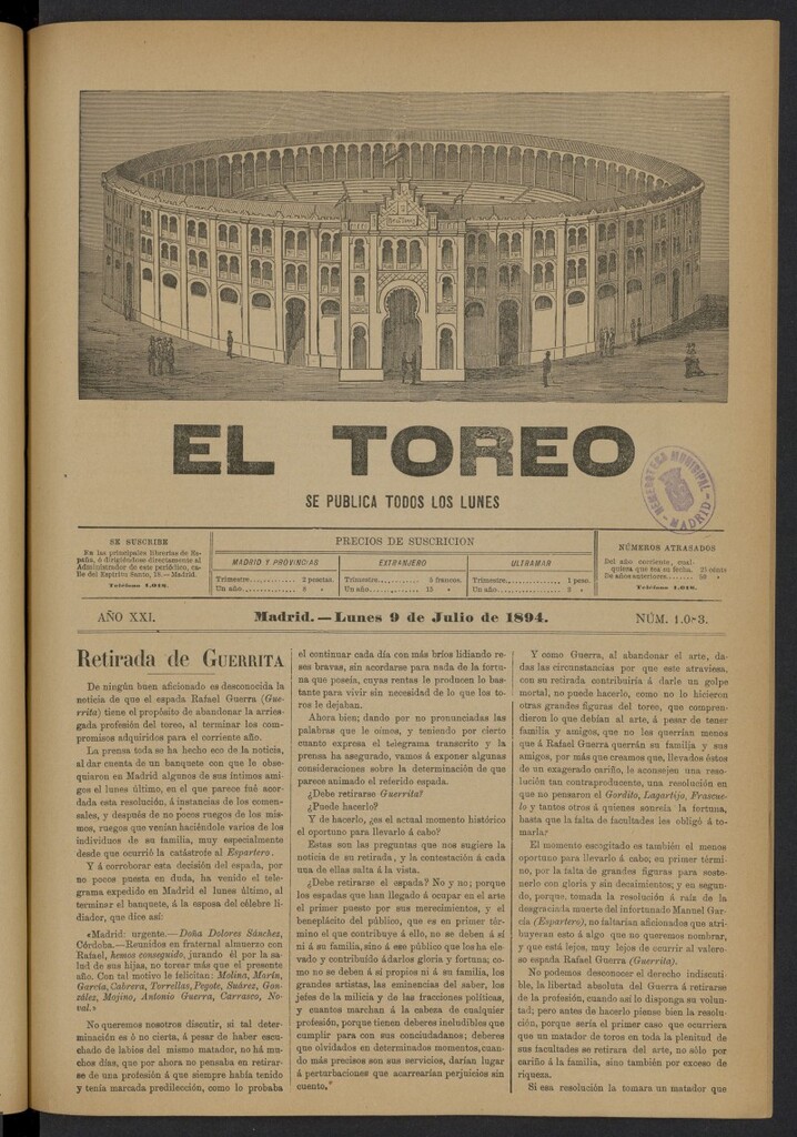 Miniatura de El Toreo: suplemento a "La Correspondencia Teatral" del 9 de julio de 1894, nº 1083