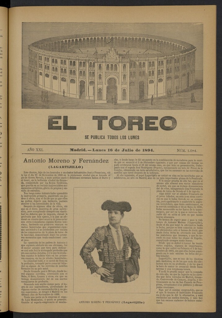 Miniatura de El Toreo: suplemento a "La Correspondencia Teatral" del 16 de julio de 1894, nº 1084