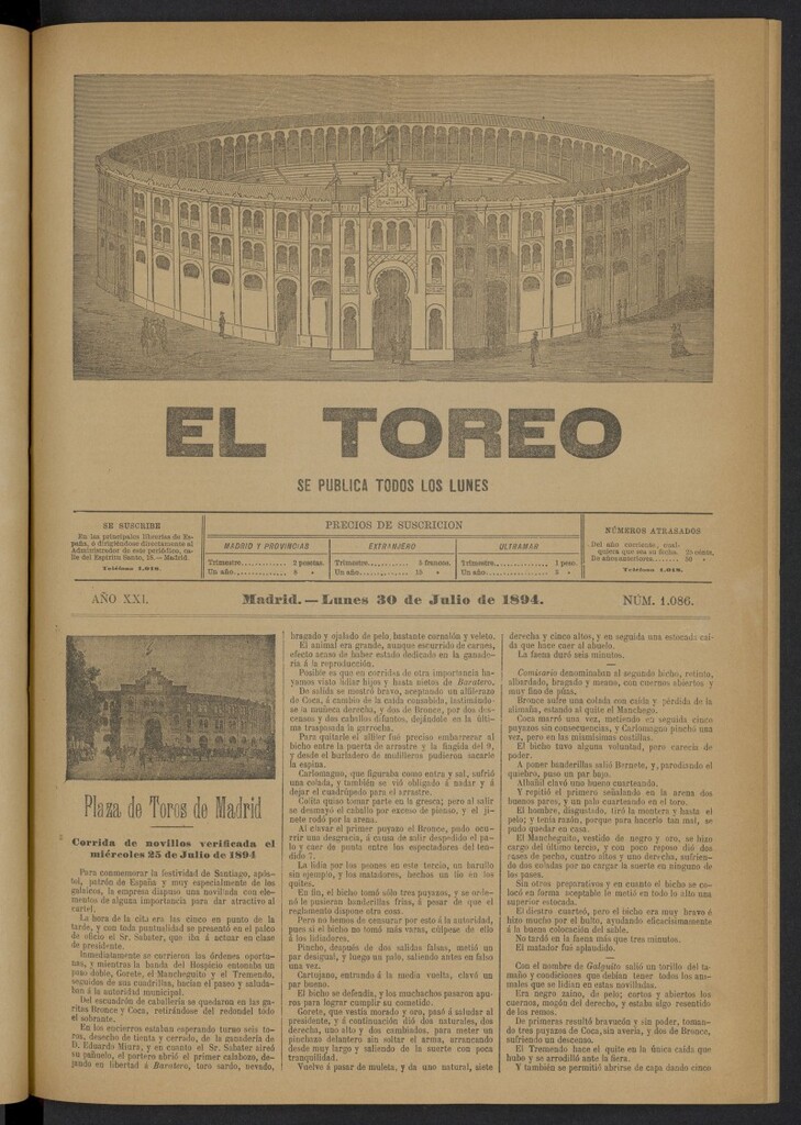Miniatura de El Toreo: suplemento a "La Correspondencia Teatral" del 30 de julio de 1894, nº 1086