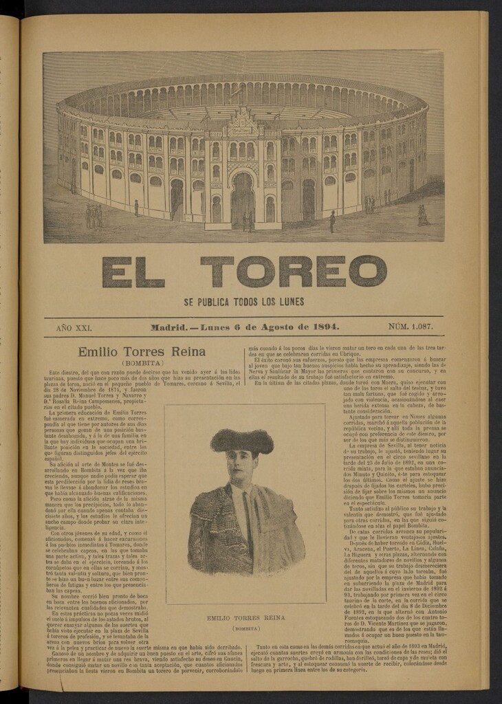 Miniatura de El Toreo: suplemento a "La Correspondencia Teatral" del 6 de agosto de 1894, nº 1087