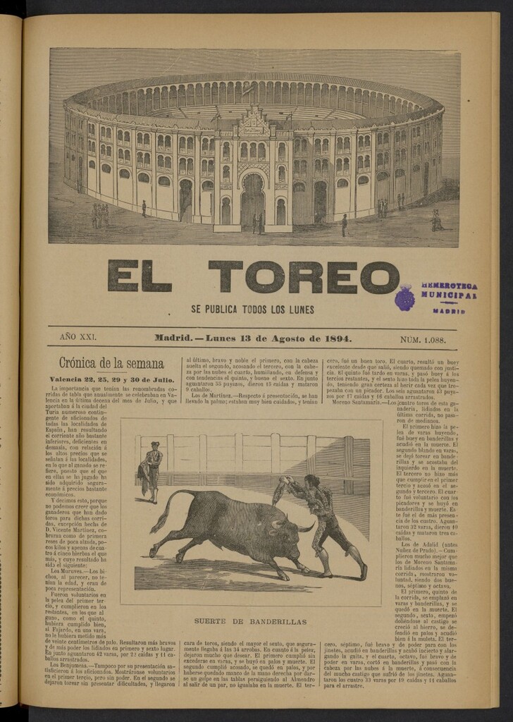 Miniatura de El Toreo: suplemento a "La Correspondencia Teatral" del 13 de agosto de 1894, nº 1088