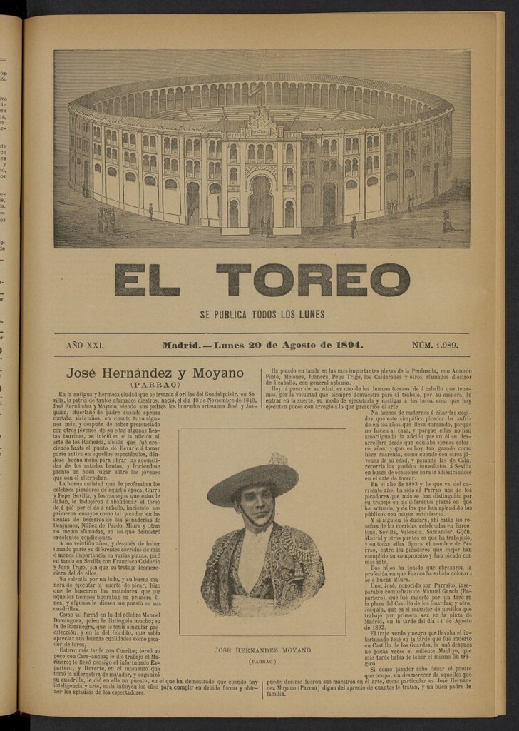 Miniatura de El Toreo: suplemento a "La Correspondencia Teatral" del 20 de agosto de 1894, nº 1089