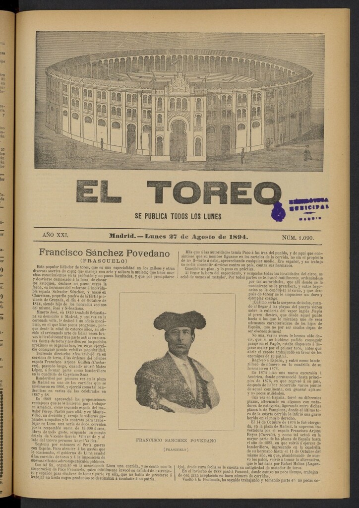 Miniatura de El Toreo: suplemento a "La Correspondencia Teatral" del 27 de agosto de 1894, nº 1090