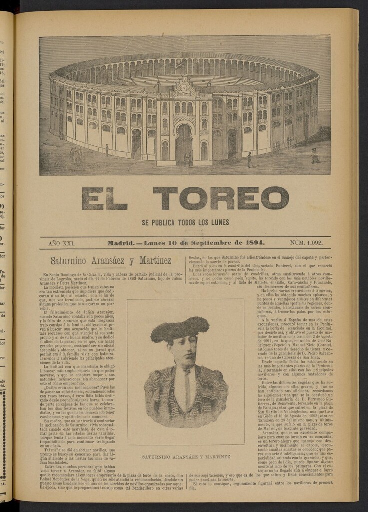 Miniatura de El Toreo: suplemento a "La Correspondencia Teatral" del 10 de septiembre de 1894, nº 1092
