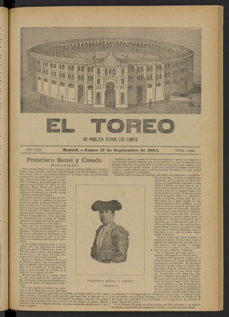 Miniatura de El Toreo: suplemento a "La Correspondencia Teatral" del 17 de septiembre de 1894, nº 1093