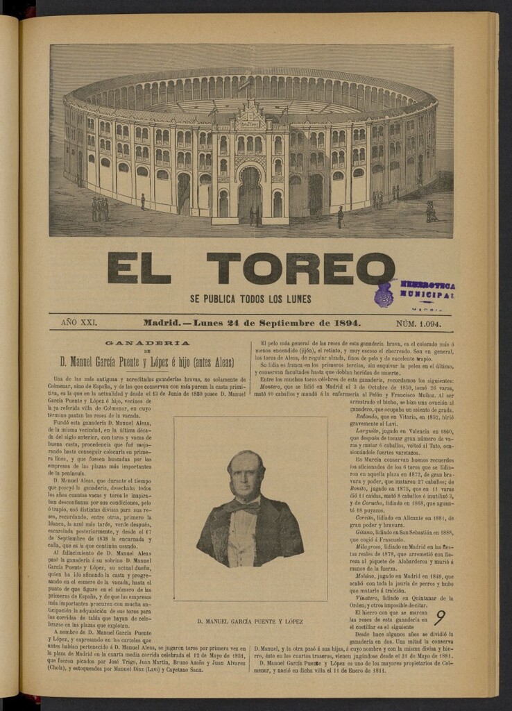 Miniatura de El Toreo: suplemento a "La Correspondencia Teatral" del 24 de septiembre de 1894, nº 1094