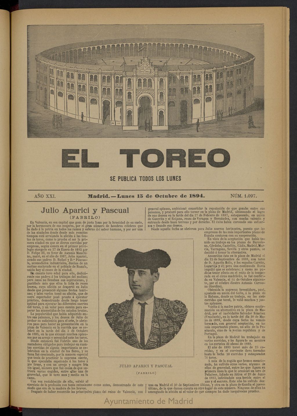 Miniatura de El Toreo: suplemento a "La Correspondencia Teatral" del 15 de octubre de 1894, nº 1097