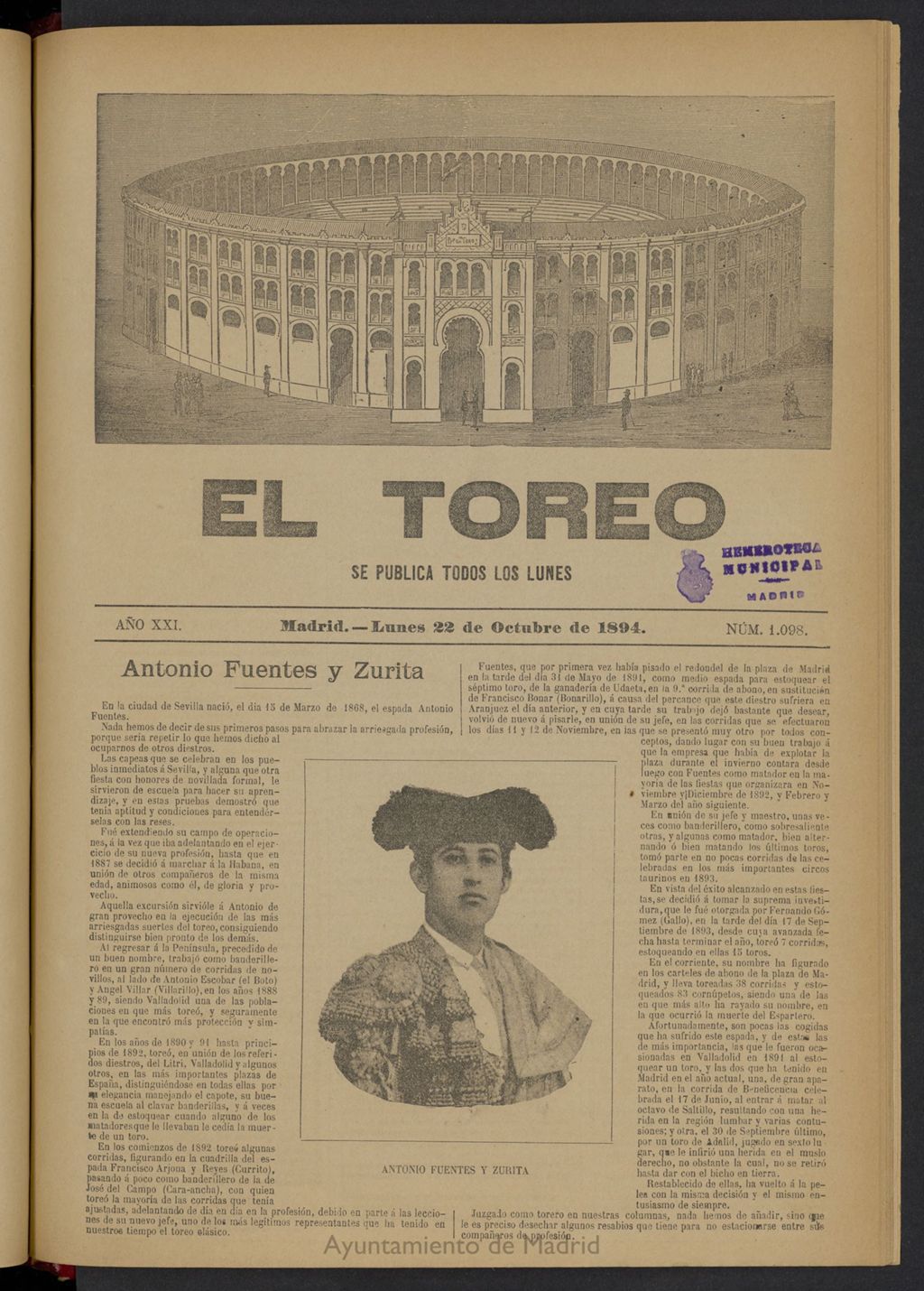 Miniatura de El Toreo: suplemento a "La Correspondencia Teatral" del 22 de octubre de 1894, nº 1098