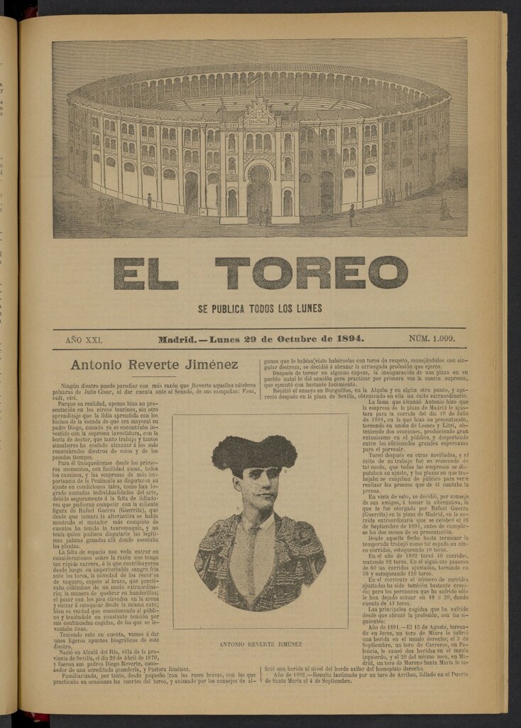 Miniatura de El Toreo: suplemento a "La Correspondencia Teatral" del 29 de octubre de 1894, nº 1099