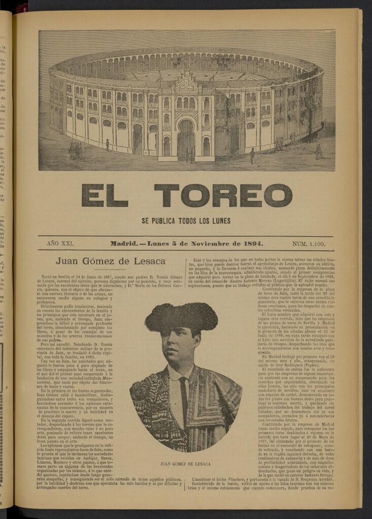 Miniatura de El Toreo: suplemento a "La Correspondencia Teatral" del 5 de noviembre de 1894, nº 1100