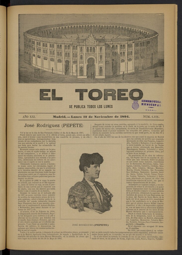 Miniatura de El Toreo: suplemento a "La Correspondencia Teatral" del 12 de noviembre de 1894, nº 1101