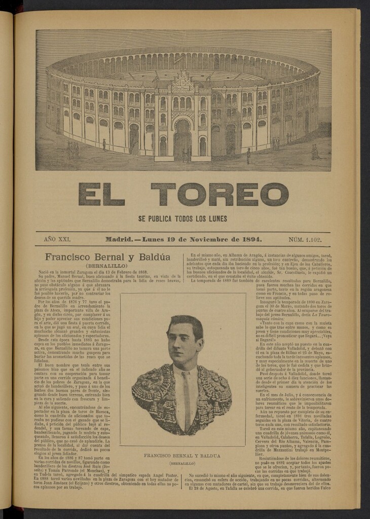 Miniatura de El Toreo: suplemento a "La Correspondencia Teatral" del 19 de noviembre de 1894, nº 1102