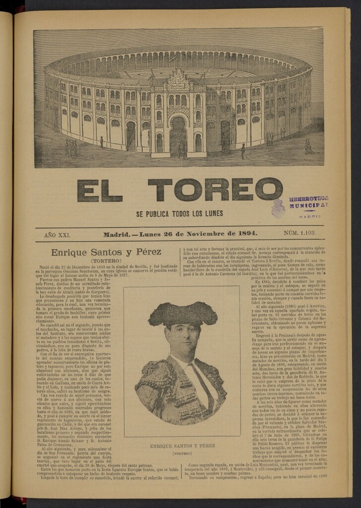Miniatura de El Toreo: suplemento a "La Correspondencia Teatral" del 26 de noviembre de 1894, nº 1103