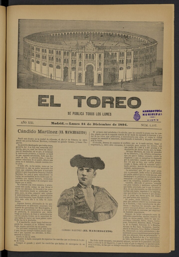 Miniatura de El Toreo: suplemento a "La Correspondencia Teatral" del 24 de diciembre de 1894, nº 1107