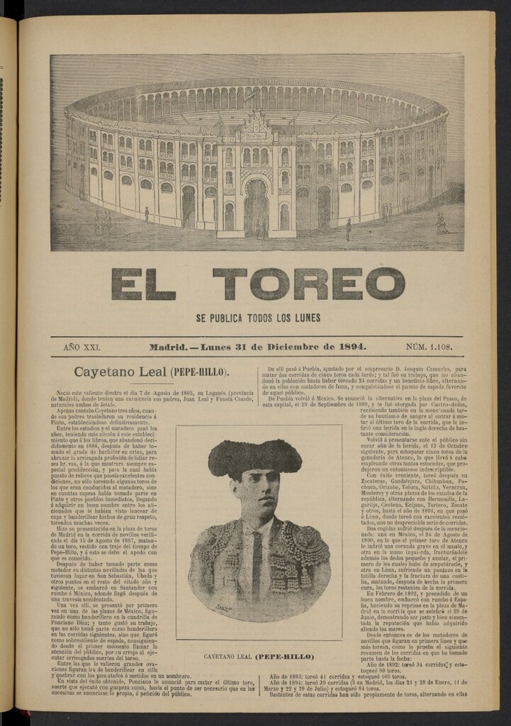 Miniatura de El Toreo: suplemento a "La Correspondencia Teatral" del 31 de diciembre de 1894, nº 1108