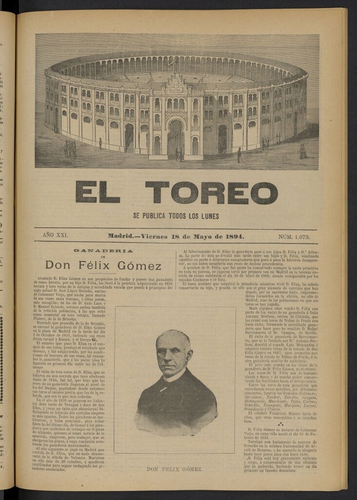 Miniatura de El Toreo: suplemento a "La Correspondencia Teatral" del 18 de mayo de 1894, nº 1073