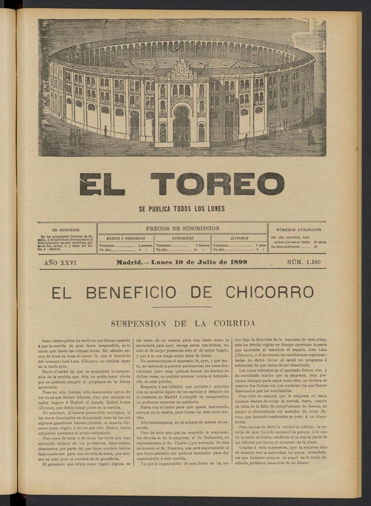 Miniatura de El Toreo: suplemento a "La Correspondencia Teatral" del 10 de julio de 1899, nº 1380