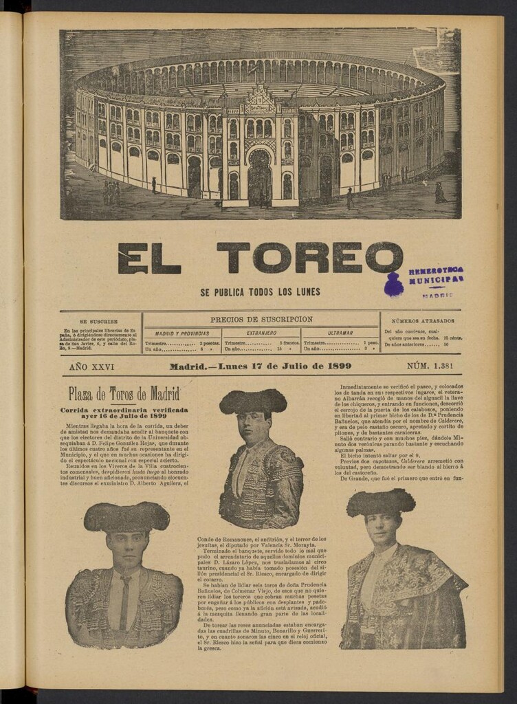 Miniatura de El Toreo: suplemento a "La Correspondencia Teatral" del 17 de julio de 1899, nº 1381