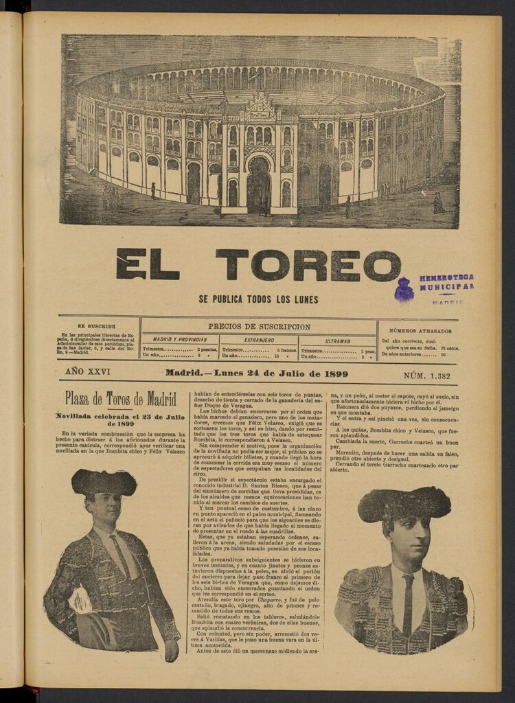 Miniatura de El Toreo: suplemento a "La Correspondencia Teatral" del 24 de julio de 1899, nº 1382