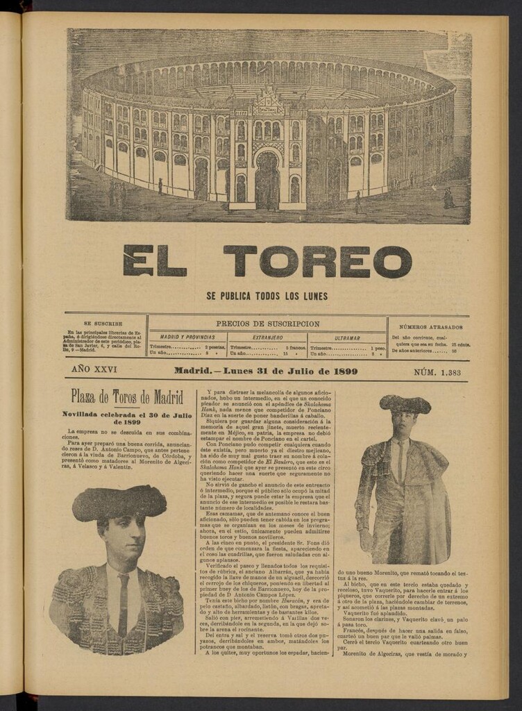 Miniatura de El Toreo: suplemento a "La Correspondencia Teatral" del 31 de julio de 1899, nº 1383