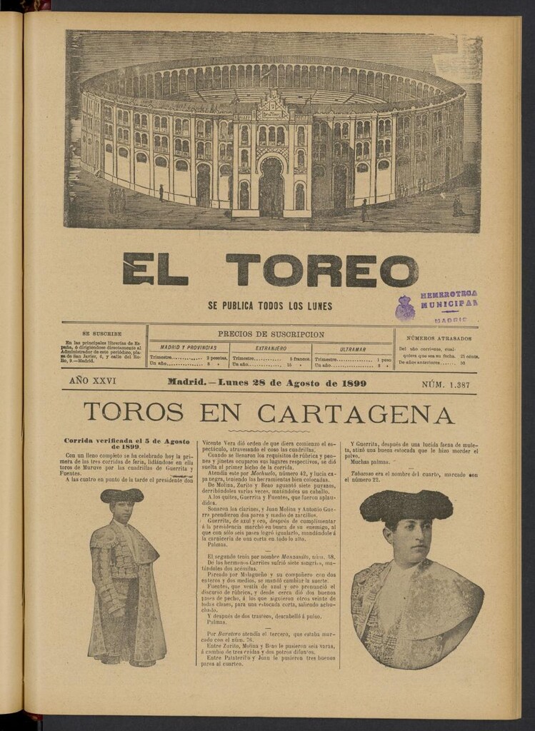 Miniatura de El Toreo: suplemento a "La Correspondencia Teatral" del 28 de agosto de 1899, nº 1387