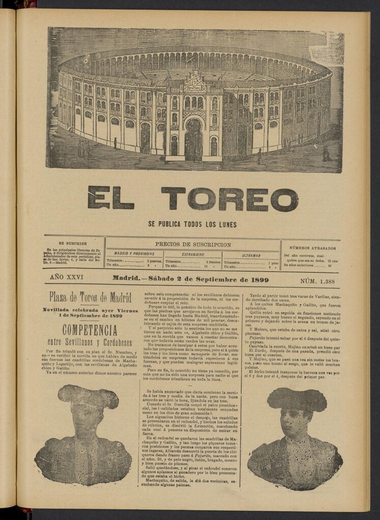 Miniatura de El Toreo: suplemento a "La Correspondencia Teatral" del 2 de septiembre de 1899, nº 1388