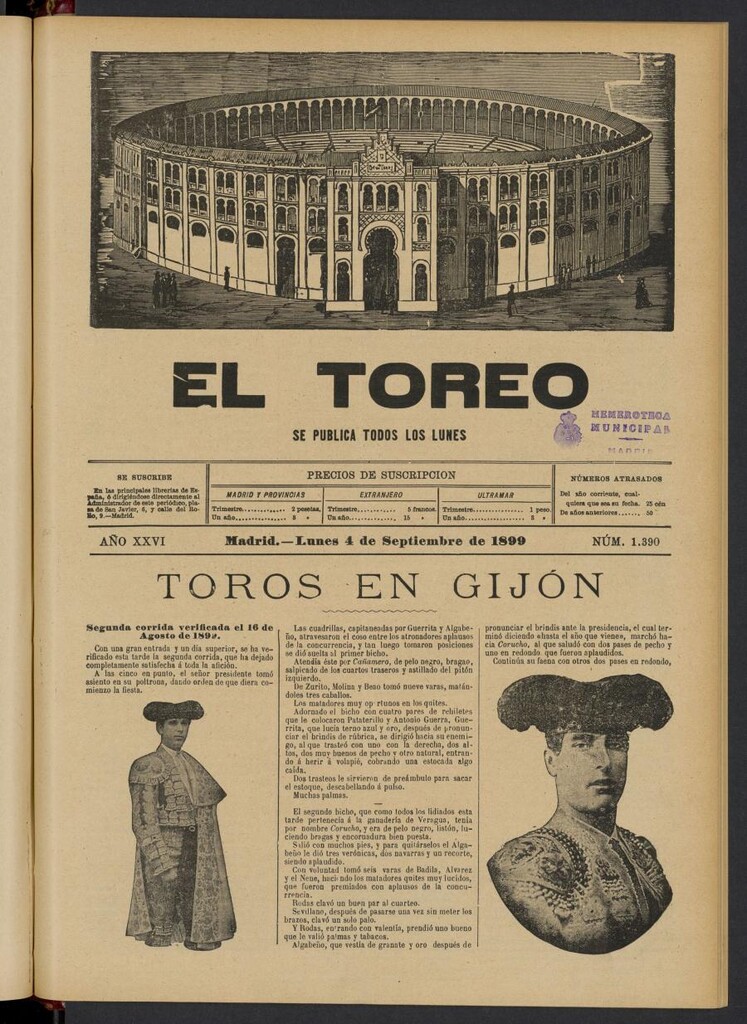 Miniatura de El Toreo: suplemento a "La Correspondencia Teatral" del 4 de septiembre de 1899, nº 1390