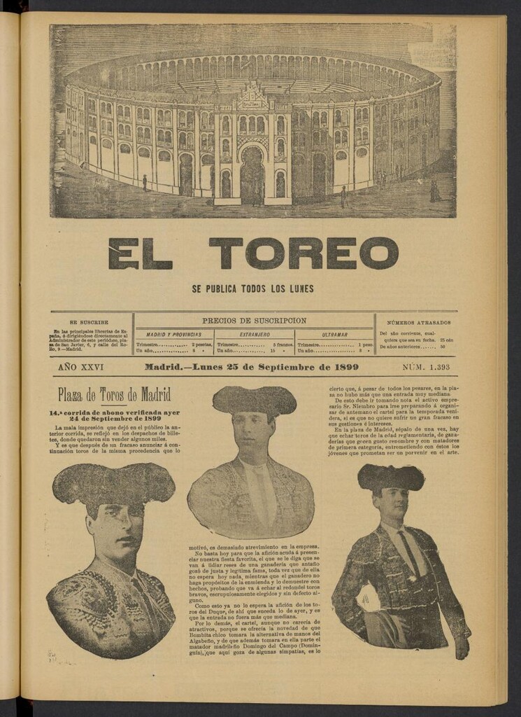 Miniatura de El Toreo: suplemento a "La Correspondencia Teatral" del 25 de septiembre de 1899, nº 1393