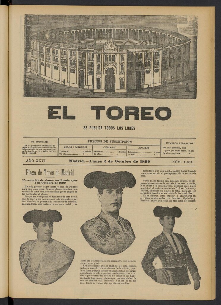 Miniatura de El Toreo: suplemento a "La Correspondencia Teatral" del 2 de octubre de 1899, nº 1394