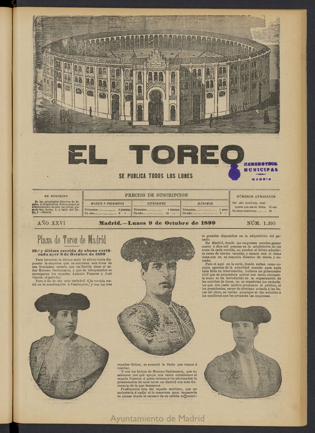 Miniatura de El Toreo: suplemento a "La Correspondencia Teatral" del 9 de octubre de 1899, nº 1395