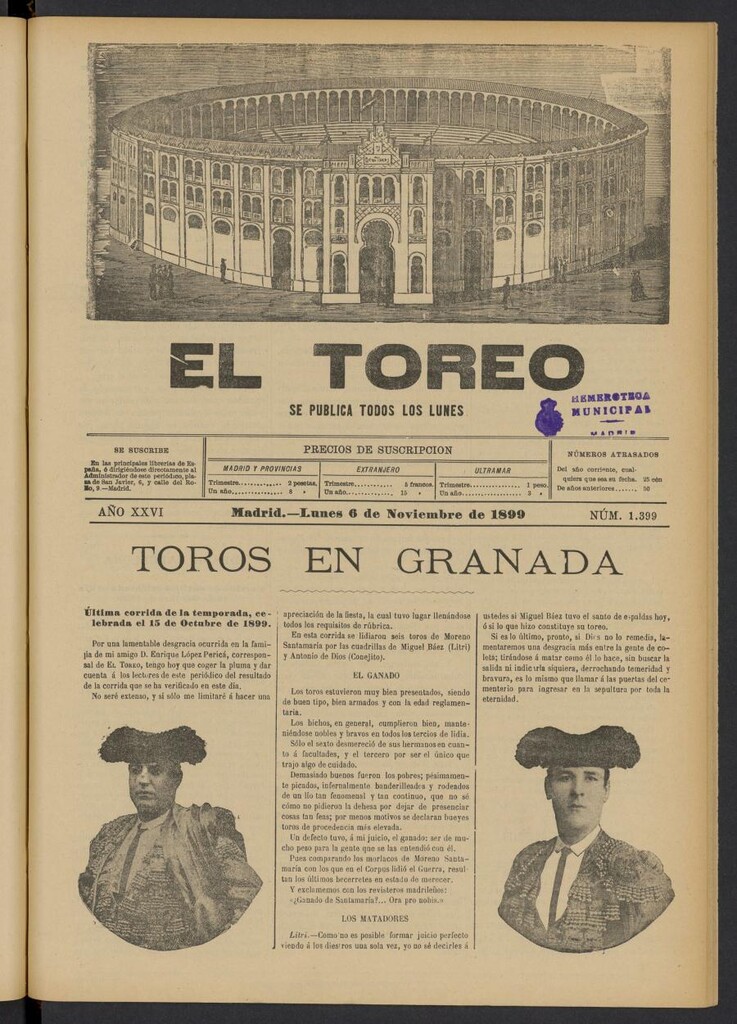 Miniatura de El Toreo: suplemento a "La Correspondencia Teatral" del 6 de noviembre de 1899, nº 1399
