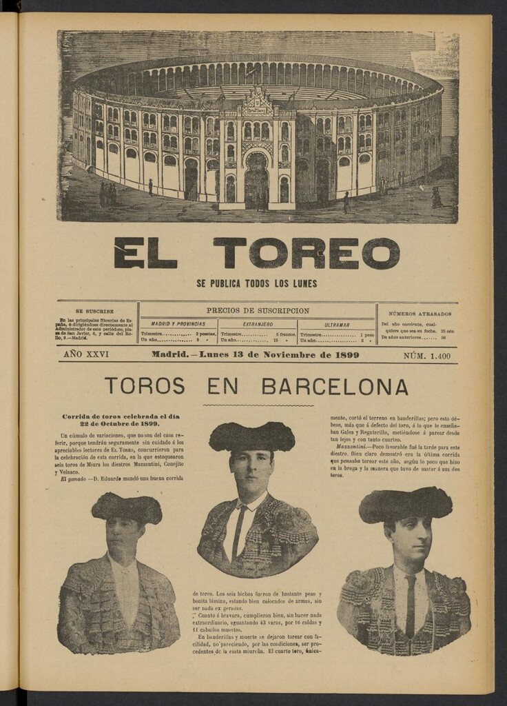 Miniatura de El Toreo: suplemento a "La Correspondencia Teatral" del 13 de noviembre de 1899, nº 1400