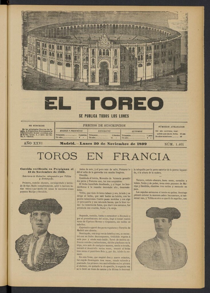 Miniatura de El Toreo: suplemento a "La Correspondencia Teatral" del 20 de noviembre de 1899, nº 1401