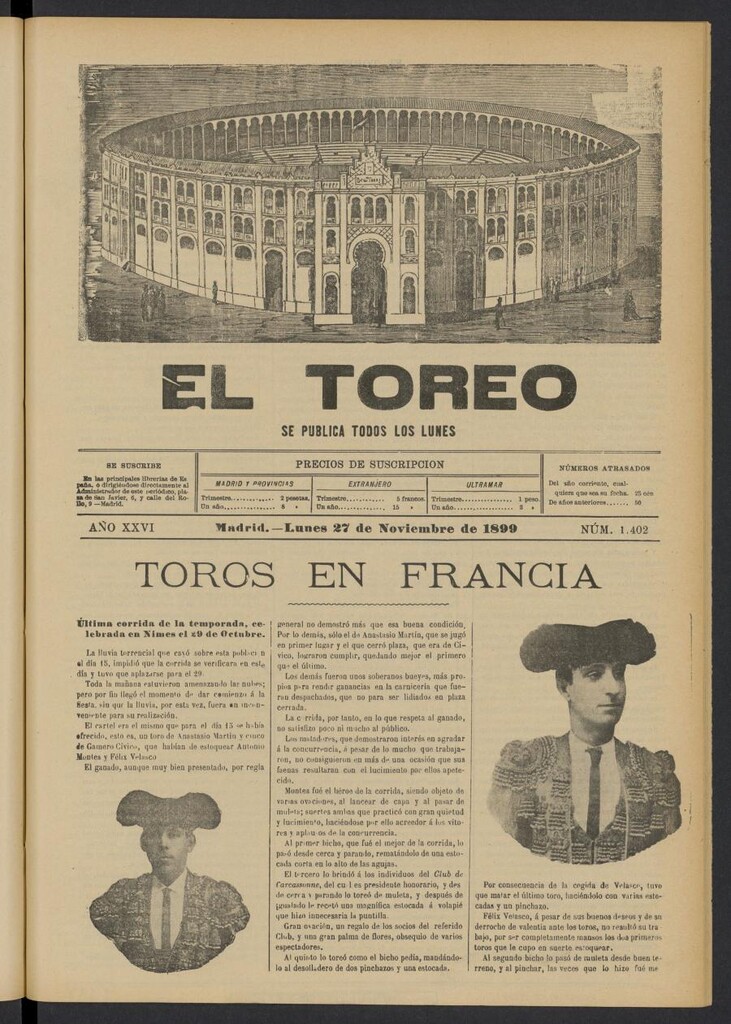 Miniatura de El Toreo: suplemento a "La Correspondencia Teatral" del 27 de noviembre de 1899, nº 1402
