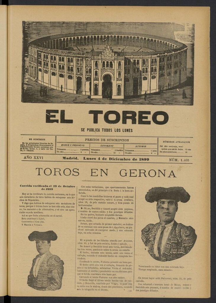Miniatura de El Toreo: suplemento a "La Correspondencia Teatral" del 4 de diciembre de 1899, nº 1403